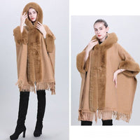 Hooded Poncho Cape with Faux Fur Trim & Fringe