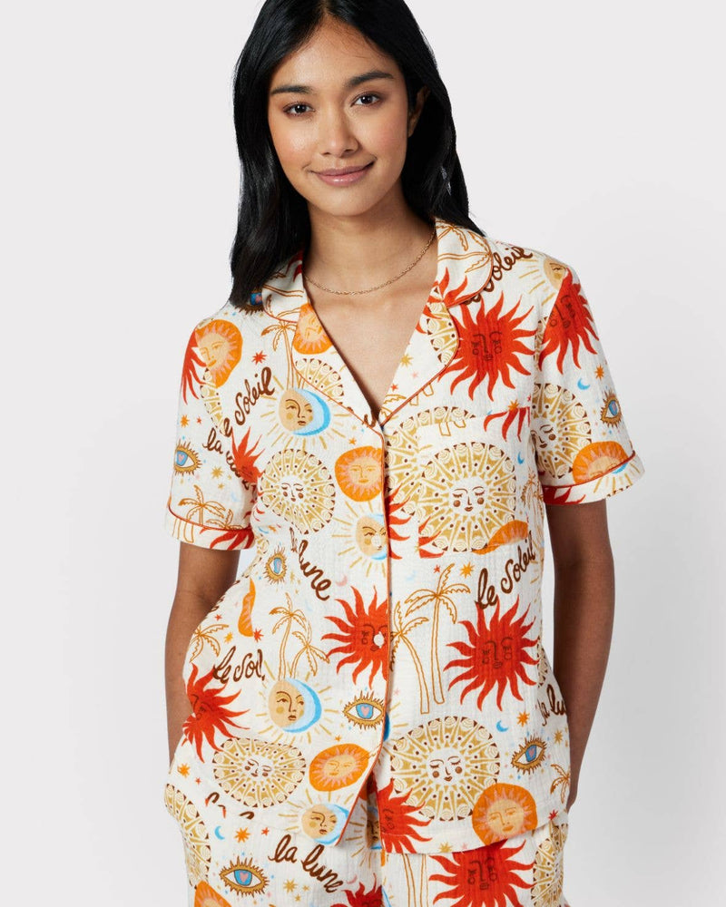 Chelsea Peers - Cotton Cheesecloth Sun & Moon Short Sleeve Long Trouser Pyjama Set