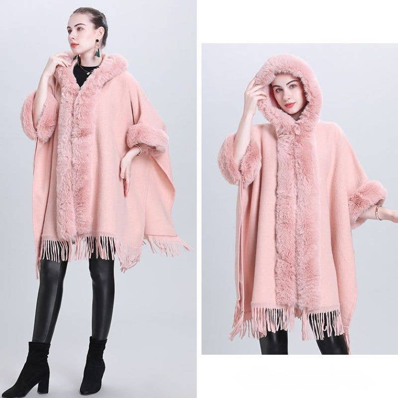 Hooded Poncho Cape with Faux Fur Trim & Fringe