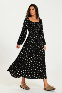 Polka Dot Square Neck Maxi Dress In Black