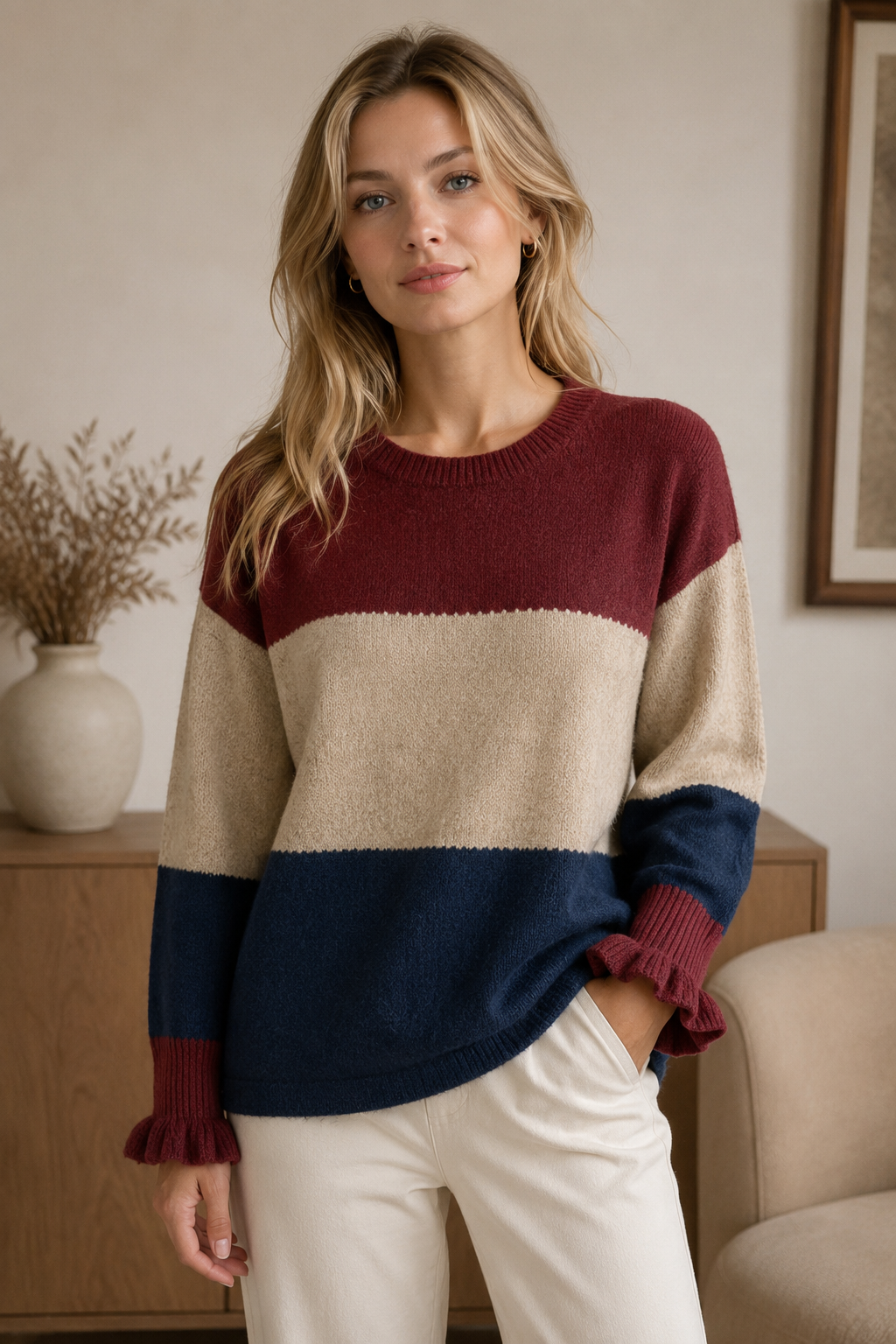 Colour Block Frill Cuff Knitted Jumper