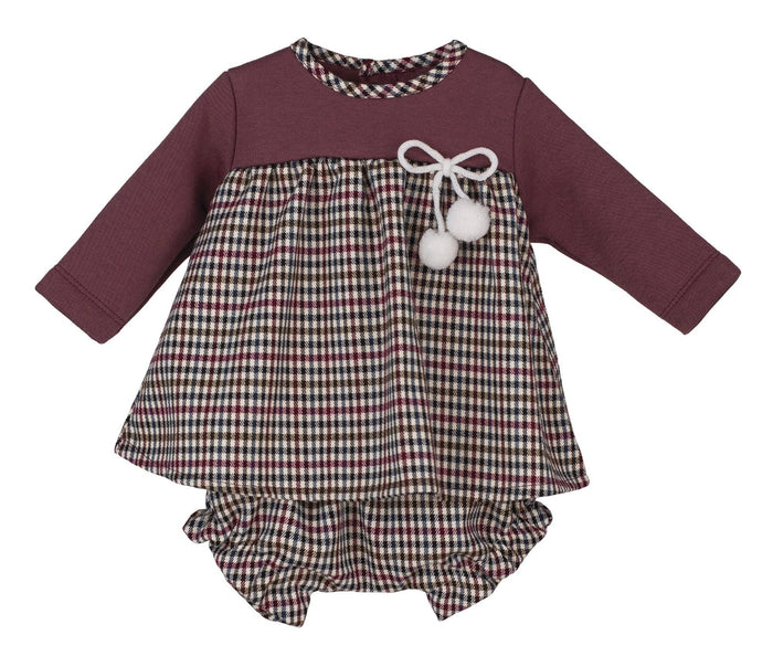 Burgundy Baby Pom-Pom Dress with Tartan Bloomers