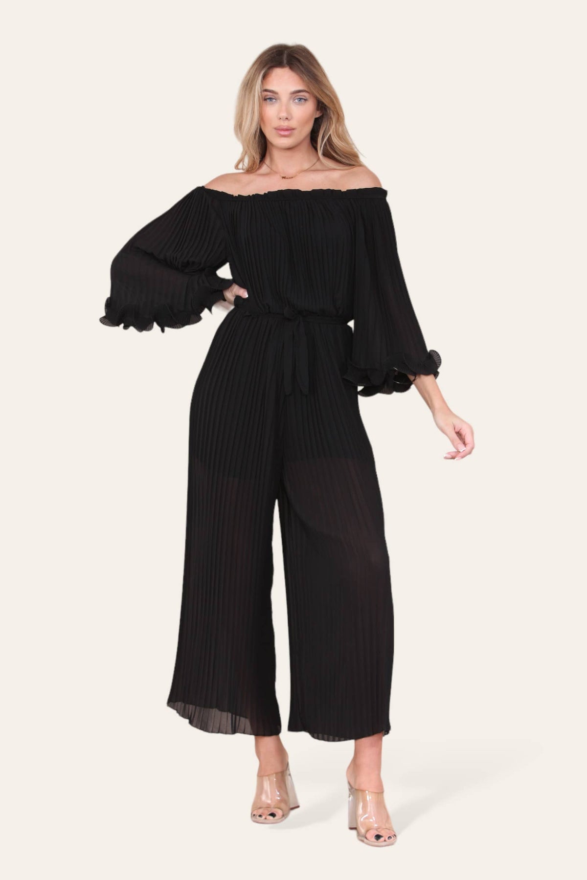 Sofia Bardot Pleated Frill Jumpsuit