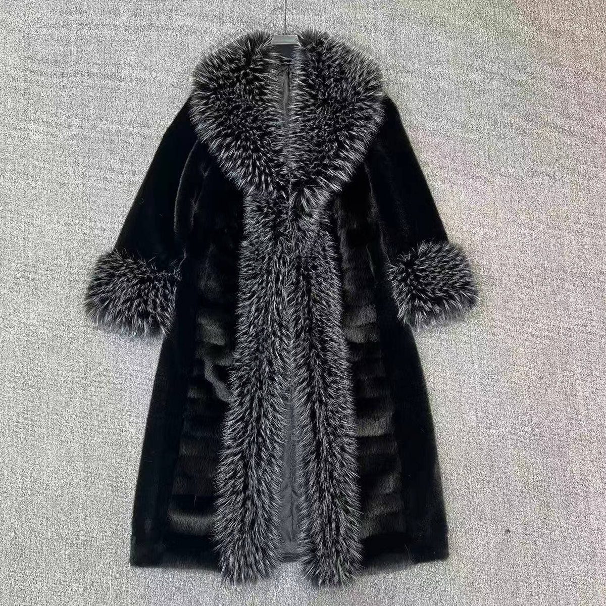 Black Faux Fur Long Coat with Faux Fur Collar & Cuffs