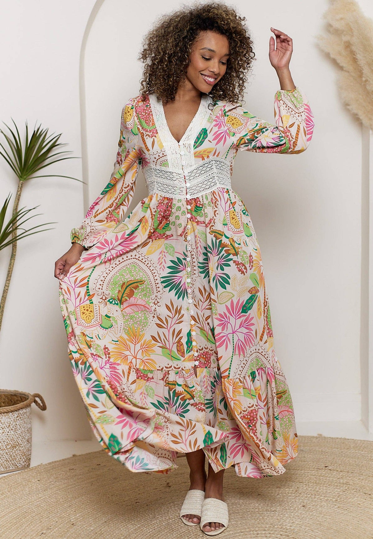 Pink Floral Print Long Sleeve Maxi Dress with Crochet Detail