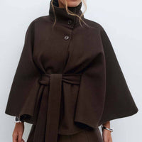 Structured Funnel Neck Belted Cape Jacket