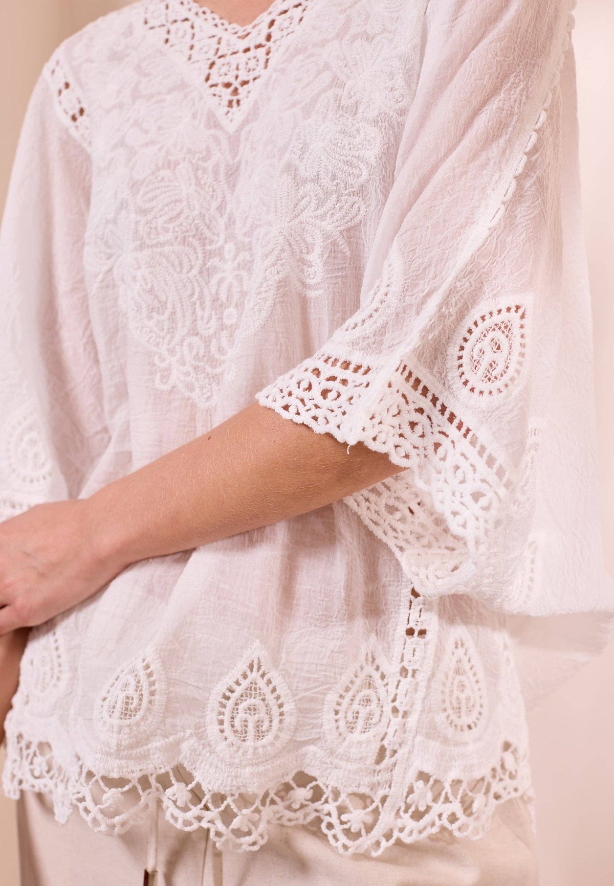 White Cotton Embroidered Blouse with Lace