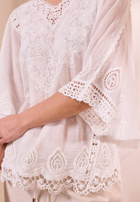 White Cotton Embroidered Blouse with Lace