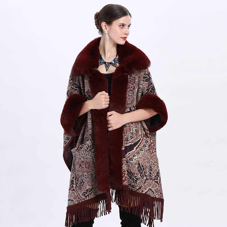 Luxurious Paisley Cape with Faux Fur Collar and Cuffs