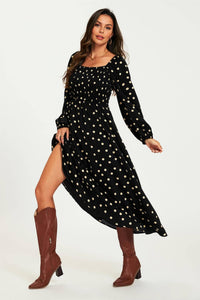 Polka Dot Square Neck Maxi Dress In Black