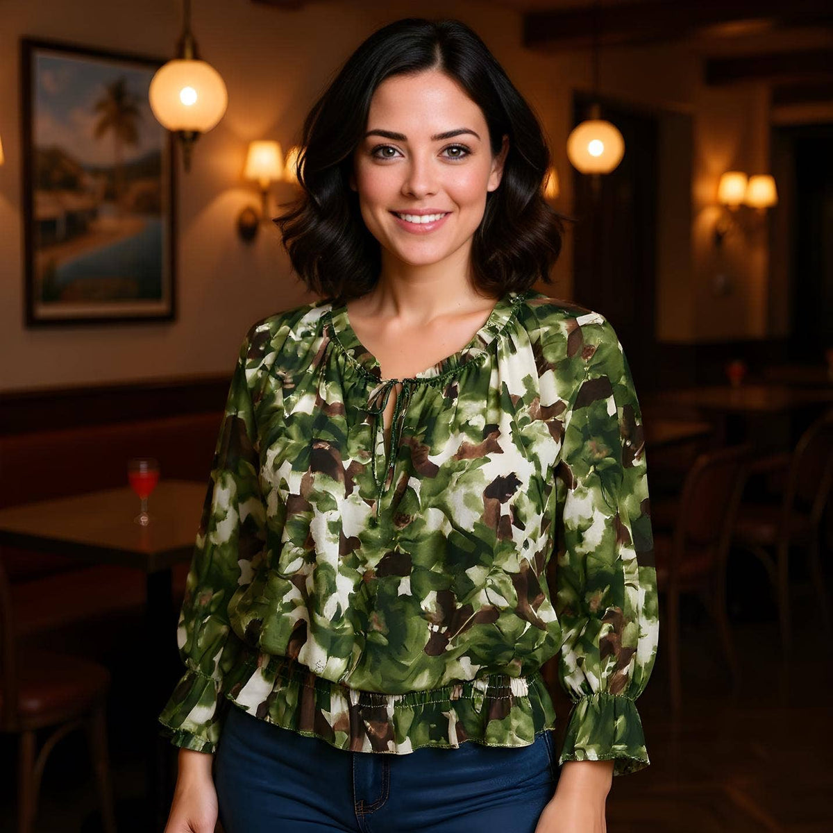 Abstract Floral Ruffle Bardot Blouse