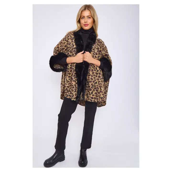 One Size Faux Fur Front Opening Animal Print Cape Sha-Fur485