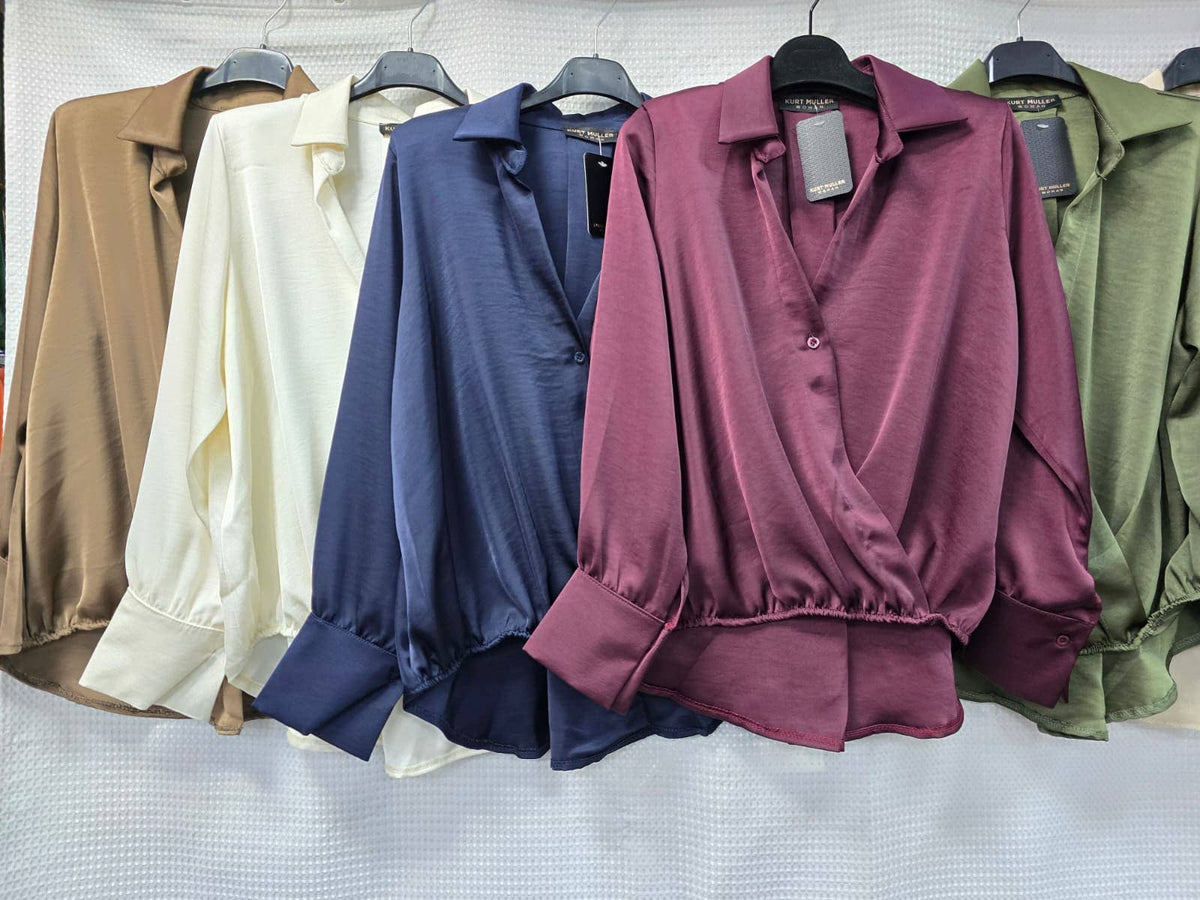 Sateen V Collar High Low Padded Shoulder Blouse