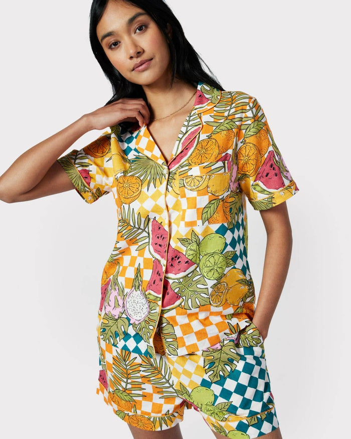 Chelsea Peers - Linen-Blend Fruit Checkerboard Print Short Pyjama Set