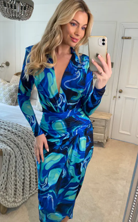 Plunge Neck Faux Wrap Midi Dress in Blue Abstract