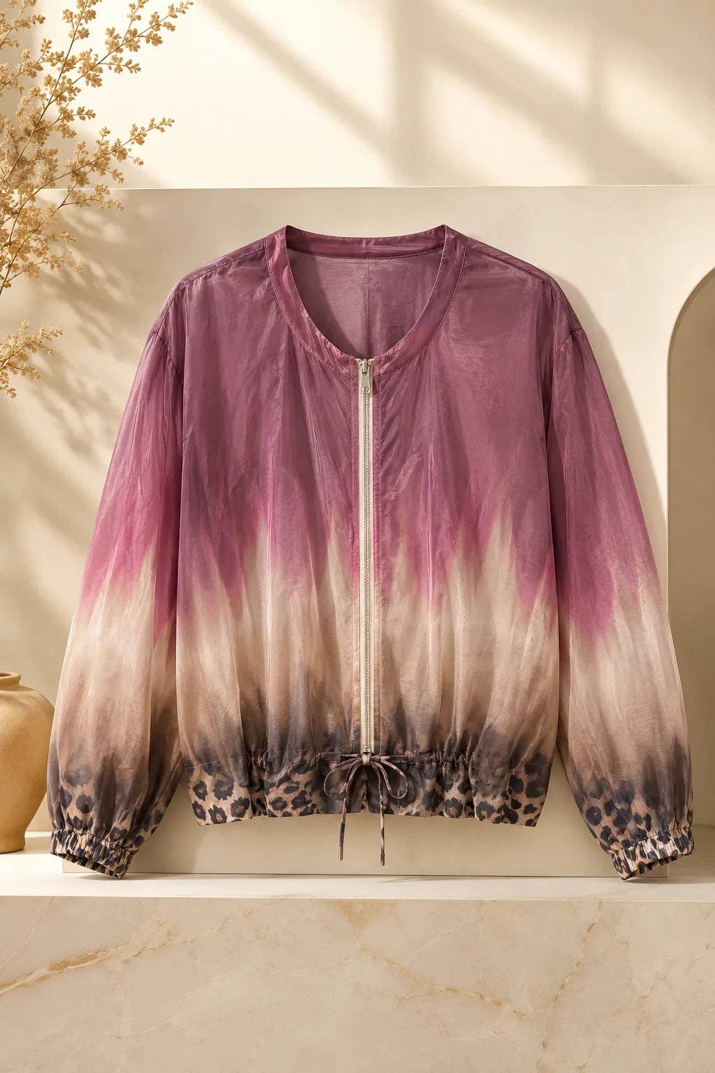 Italian Women’s Ombre Leopard Trim Zip Jacket