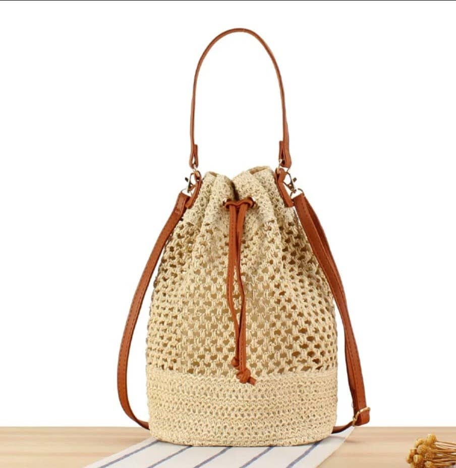 Medium Size Draw String Two-toned Paper Straw Bucket Bag
