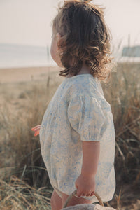 Blue/Toile Floral Short Puff Sleeve Romper