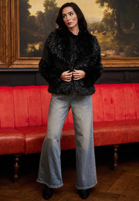 Faux Fur Glittery Short Coat In Black
