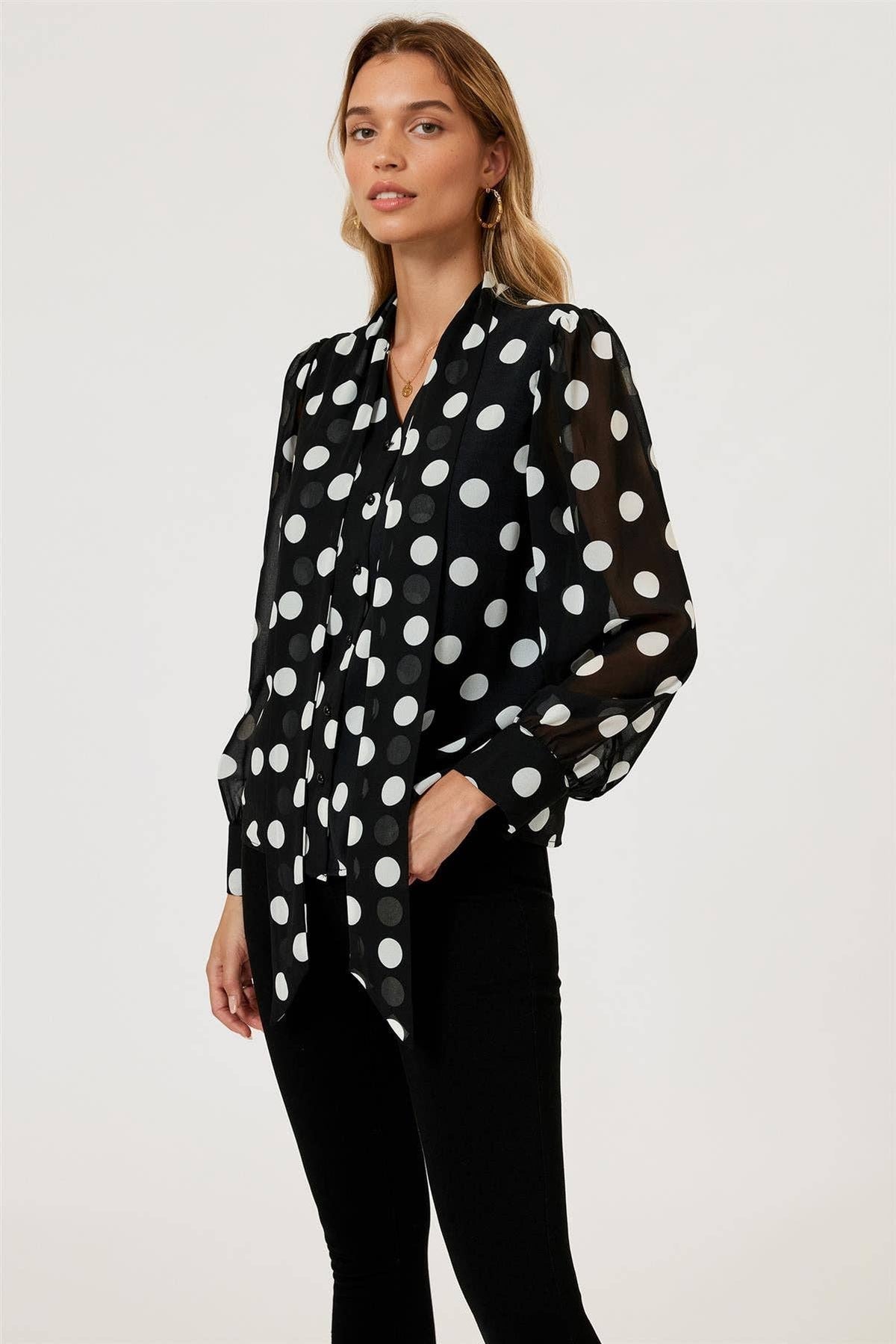 Dot Print Tie Detail long sleeve Blouse Top In Black