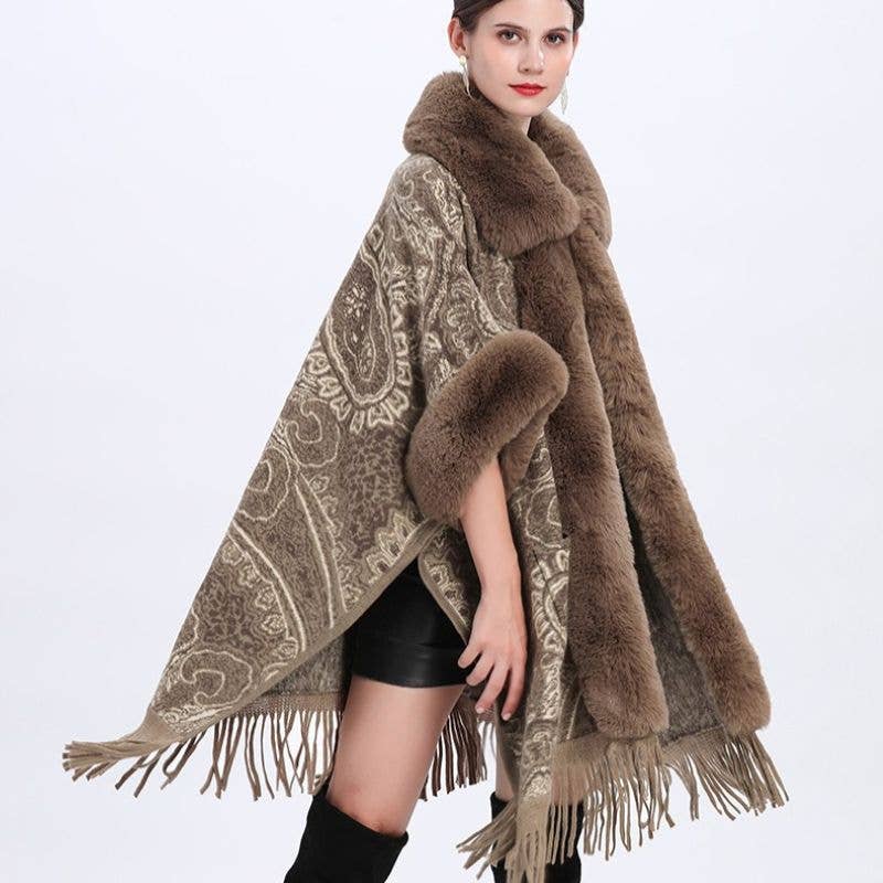 Luxurious Paisley Cape with Faux Fur Collar and Cuffs